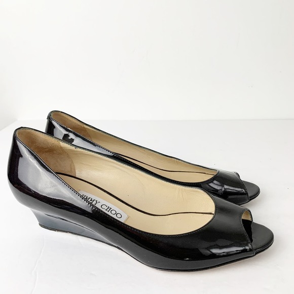 Jimmy Choo 39.5 Black Patent Peep Toe Wedge Pumps - Picture 5 of 8
